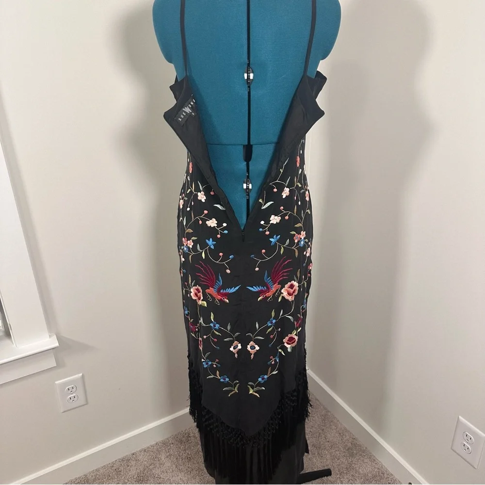 Sue Wong Vintage Black Silk Maxi Dress with Floral Embroidery & Fringe - Picture 11 of 16
